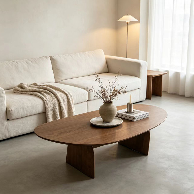 Mid Century Modern Triangle  Coffee Table Side Table With Wooden Legs, Walnut