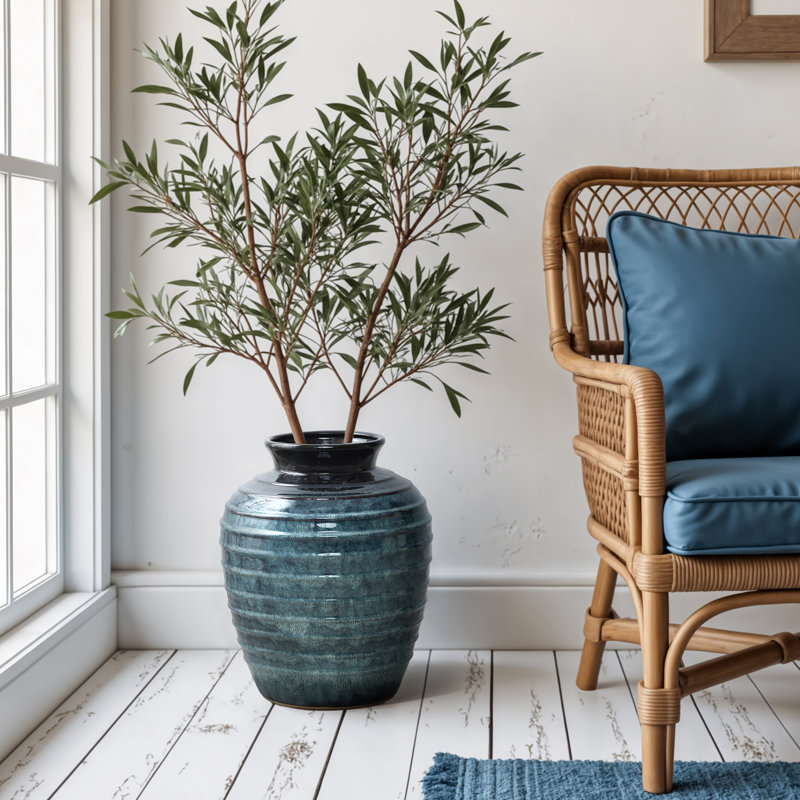 Grand vase rond en céramique ondulé bleu 15,75 pouces
