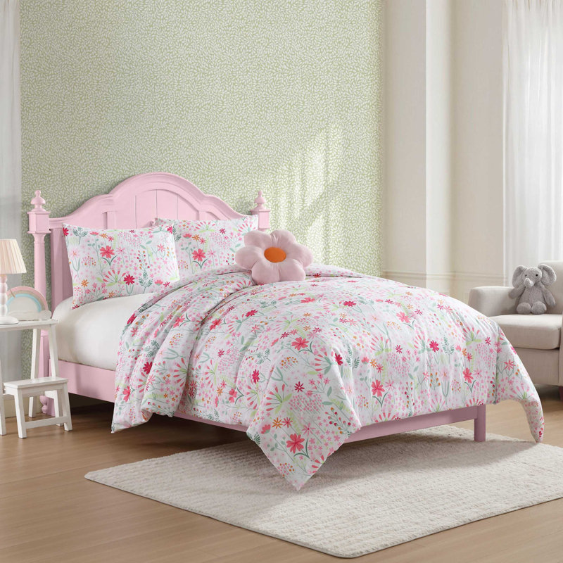Laura Ashley Kids Meadow Daisies Comforter Bonus Set, Queen Comforter + 2 Standard Shams + Throw Pillow, Pink Floral 4