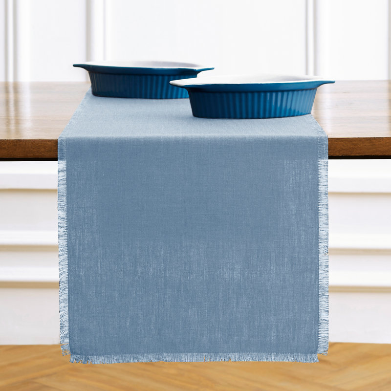 Fringe - 100% Pure Linen Table Runner, 36" x 14" Rectangle, Dusty Chambray Blue