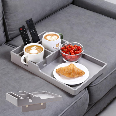 Couch Tray Between Cushion, 2-in-1 Insert & Flat Sofa Organizer Bamboo with 4 Compartments,Fits Middle Couch or Ottomans,for Snacks, Drinks, Remotes,15.35x9.84-inch,Gray
