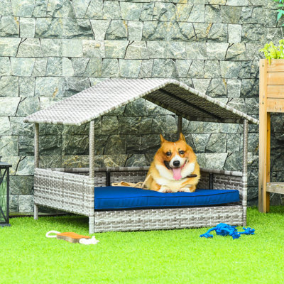 Dog House - With Canopy, Dark Blue Water- Cushion For Small & Medium Sized Dogs Outdoor Canopy Blue, Waterproof,