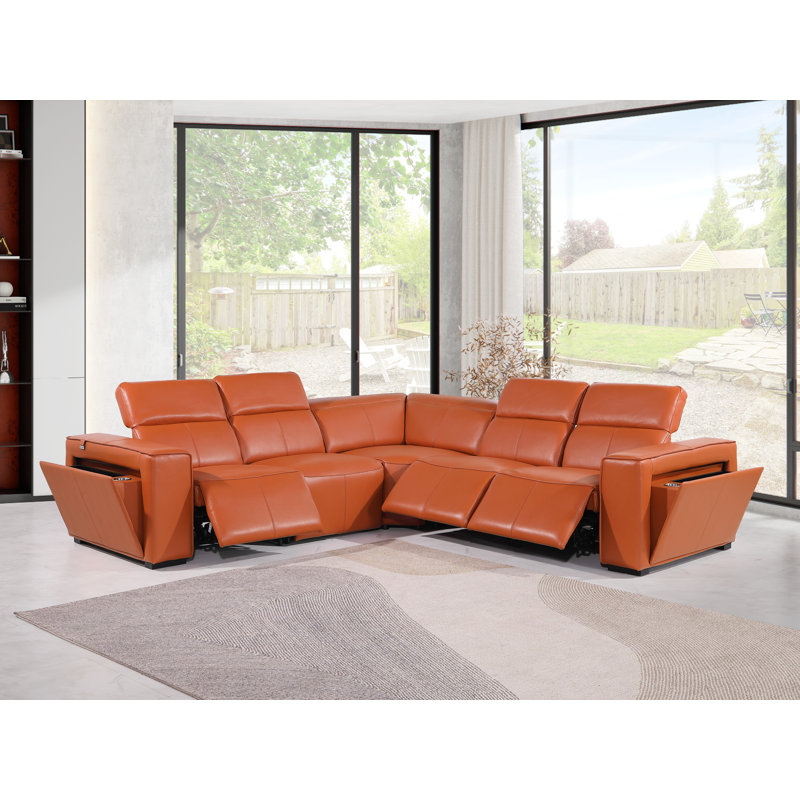 Top Grain Italian Leather 5-Piece L-Shaped Modular Power Reclining Sectional With Power Headrests, Camel Genuine Leather
