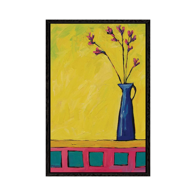 Blue Vase With Flowers On Yellow by Patty Baker - Gallery-Wrapped Canvas Giclée on Canvas, Black Floated Frame