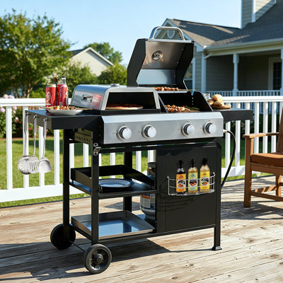 4-in-1 Stainless Steel Propane Gas Grill, 2+2 Multi-function Burner Gas Grill Griddle & Pizza Oven for Outdoor Cooking While Camping or Tailgating - BBQ,FRYING,PIZZA.