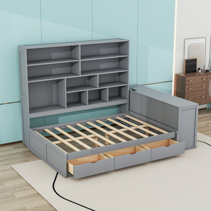 Lit de jour double en bois avec trois tiroirs avec lumières, ports USB et tablettes, Gris