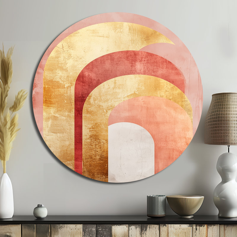 Blush & Gold Arcs - Abstract Modern Transitional Round Metal Wall Art, 36" W x 36" H