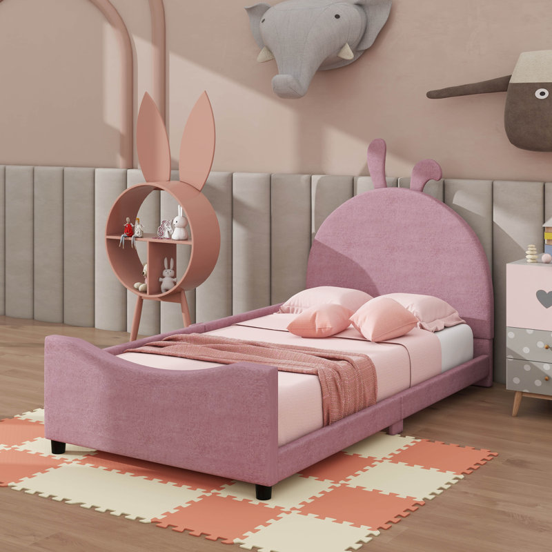 Lit de jour rembourré avec tête de lit à oreilles de lapin, lit plateforme à oreilles mignon et moderne, Rose