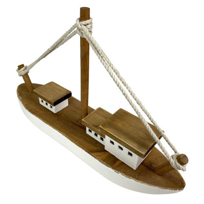Coastal wood fishing boat statue, white and natural with rope rigging, 13.5 inches wide