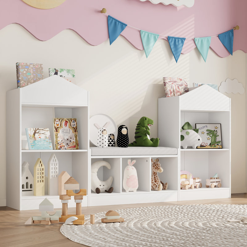 68.9“ Kids Bookshelf With Reading Nook, Toy Storage Organizer With Seat Cushion And 7 Storage Cubbies, Wooden Kids Bookcase, Toy Organizers And Storage For Nursery, Playroom, White