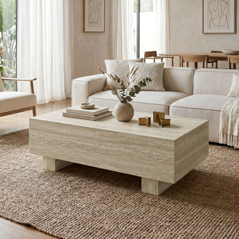 Table basse rectangulaire Grant 47,3 po L aspect pierre, profil bas, Beige