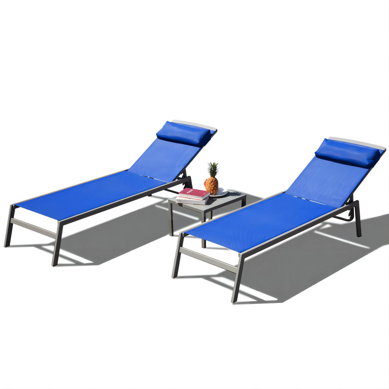 3 chaises longues de jardin réglables, cadre en aluminium bleu, 2 chaises longues + 1 table d'appoint