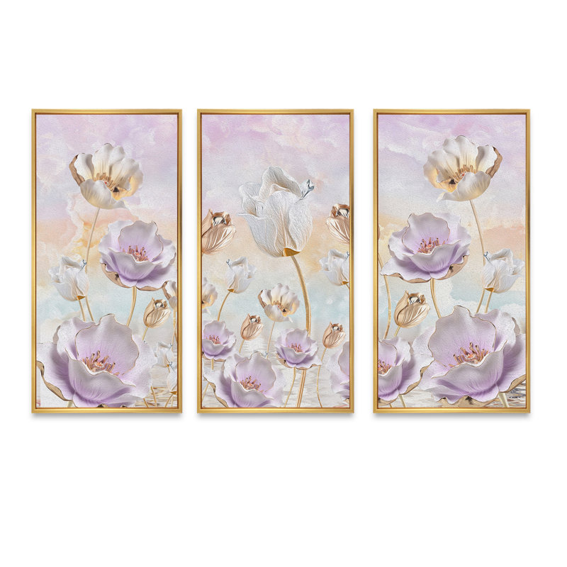 «Blossoming Flowers in Pastel Tones», reproduction sur toile flottante 3 pièces, H 28 po x l 36 po x P 1 po, Cadre doré