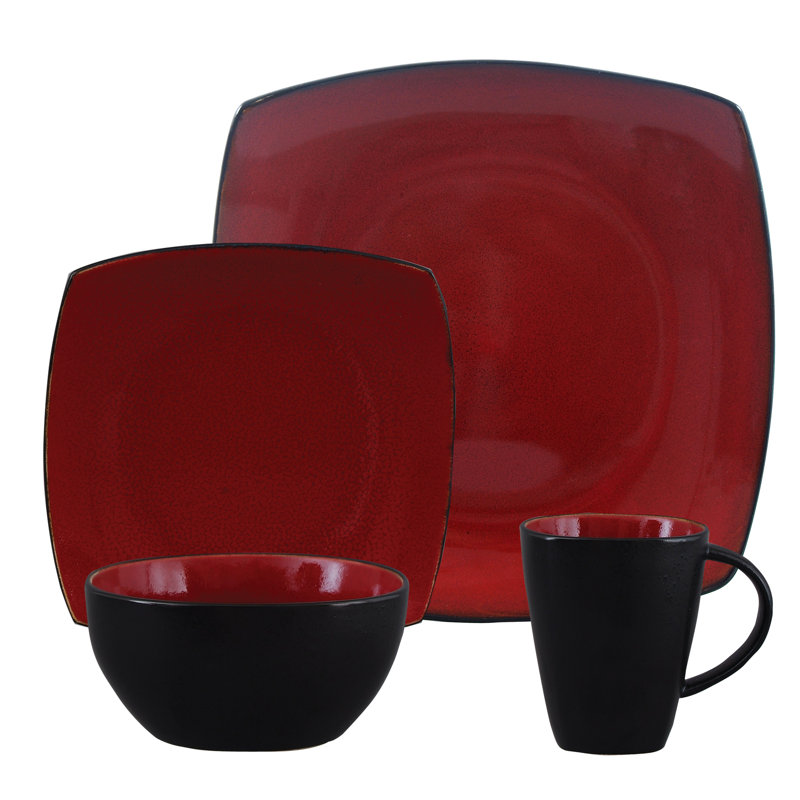 Red and Black Square Porcelain Dinnerware Set for 4