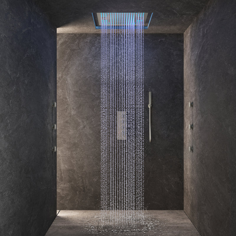 Brushed Nickel Square LED Rain Shower System with Handheld and Bluetooth Speaker