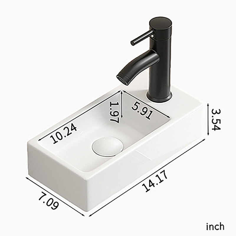Lavabo mural à petite vasque rectangulaire en céramique avec lavabo à main gauche sans robinet et bonde
