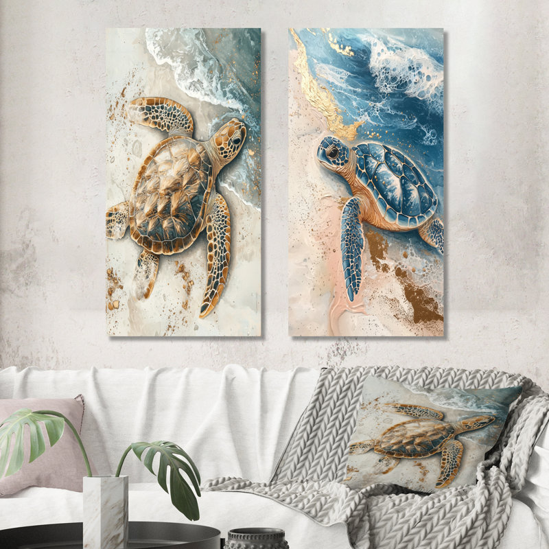 Tortue dorée traînant sur la plage I - animaux, art mural 2 panneaux, H 40 po x l 41 po, Toile tendue