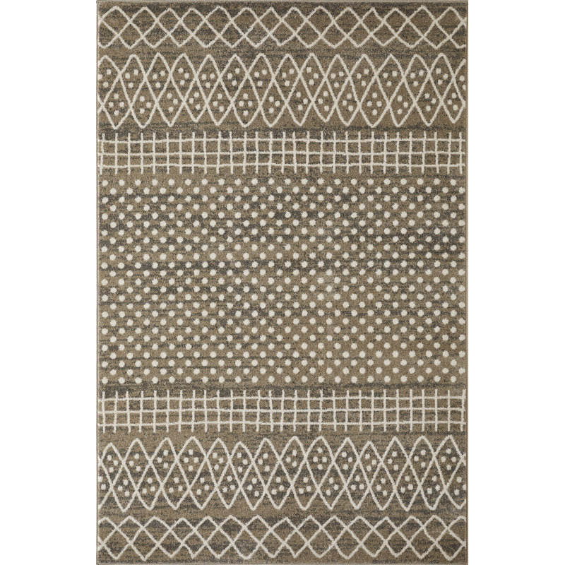 Tapis géométrique brun en polypropylène tissé à la machine Aqiilah, Rectangle 5 pi 3 po x 7 pi 3 po