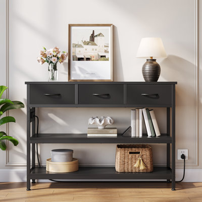  43.3'' Modern Wood Console Table with 3 Fabric Drawers, Rectangle Narrow Entryway Sofa Table with Charging Station And Open Shelves For Hallways, Living Rooms, And Small Spaces