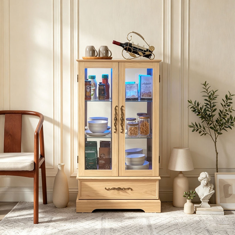 Vitrine lumineuse en verre avec tablettes réglables - 2 portes, 1 tiroir, lumières DEL, Light Oak