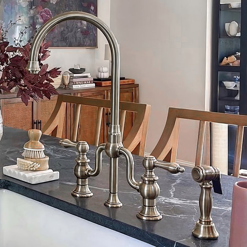 Whitehaus Collection Bridge Faucet with Gooseneck Swivel Spout and Solid Brass Side Spray, Brushed Nickel, Lever Handle