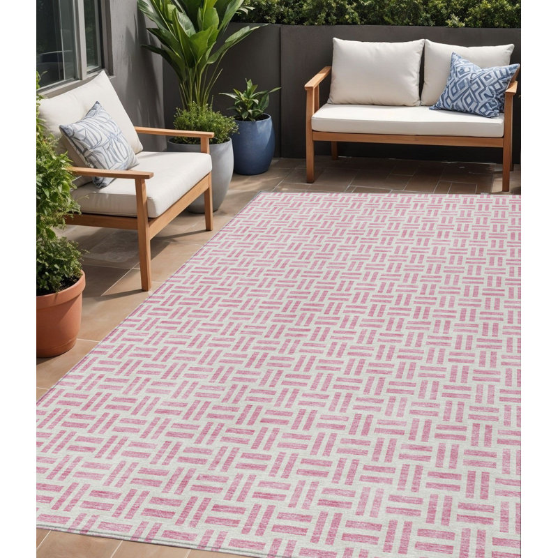 Tapis intérieur lavable à motif géométrique rose 5 pi x 8 pi