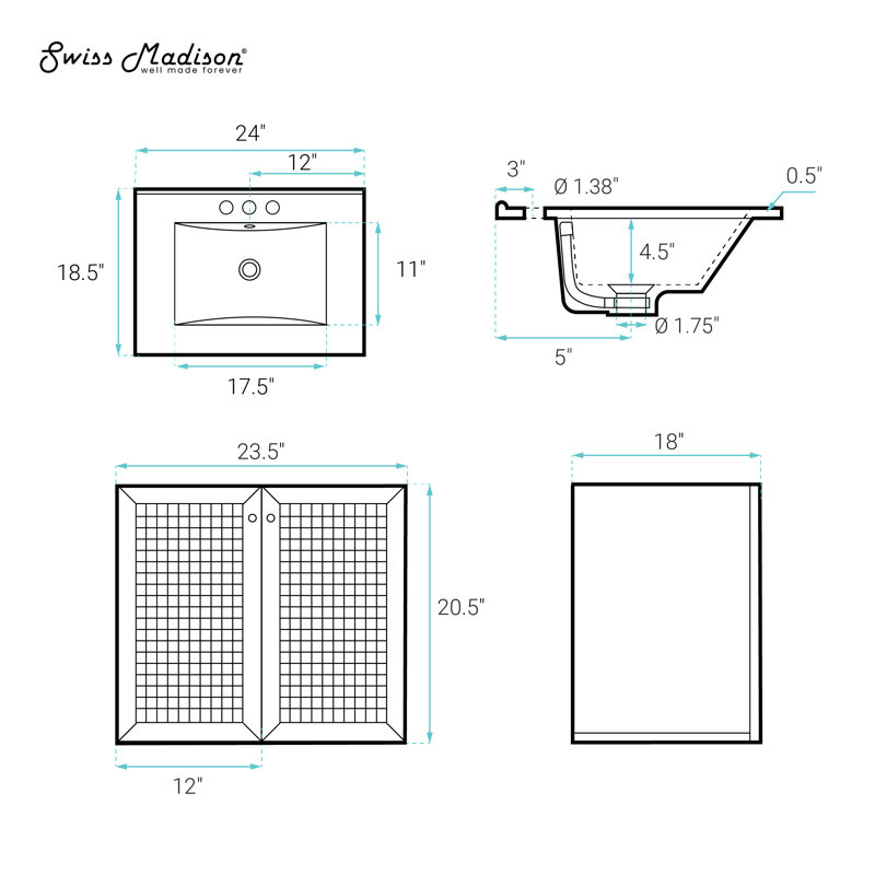 Meuble-lavabo mural 24 po Classe en chêne noir avec trous pour robinet central Classe, Noir, Ensemble central de 4 po