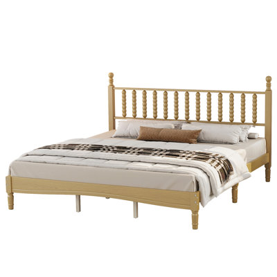 King Size Wood Platform Bed with Gourd Headboard, Retro Style Wooden Slat Platform Bed, Natural