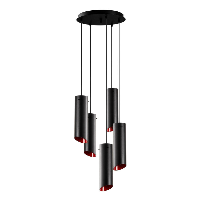 Luminaire suspendu cylindrique 5 lumières Aidie, Noir / rouge