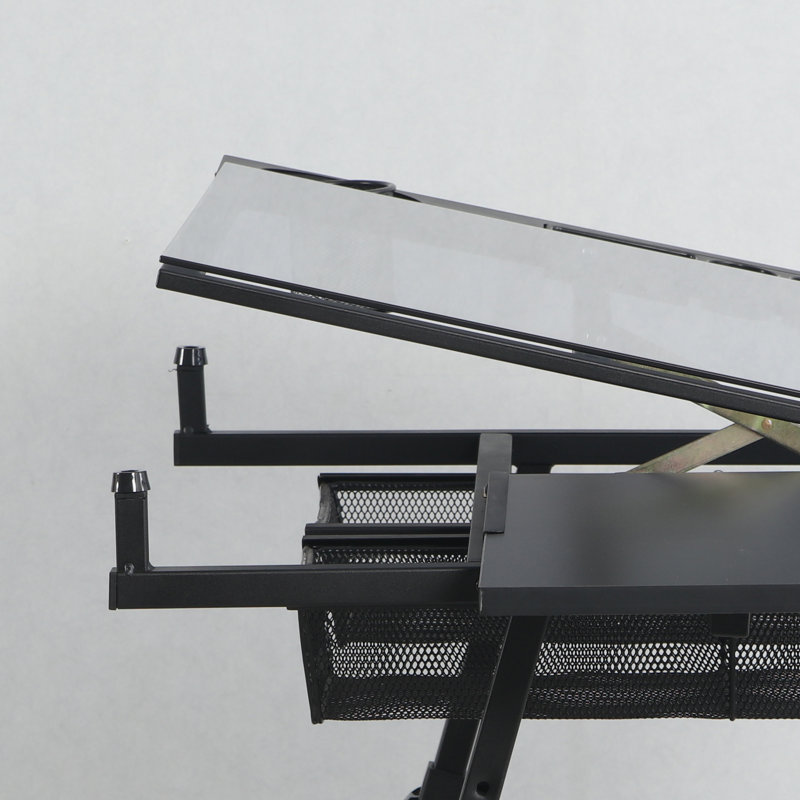 Table à dessin réglable noire avec chaise - plateau en verre trempé, tiroirs de rangement, idéal pour le bureau personnel, les étudiants et les projets créatifs
