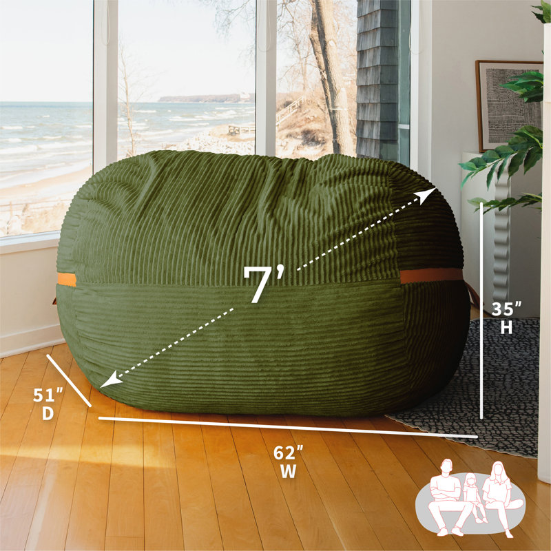 Big Joe Fuf 7Ft Giant Foam Bean Bag Chair, Oversized Couch with Removable Cover for Kids, Teens, Adults, Moss Green Corded Plush, 7 foot