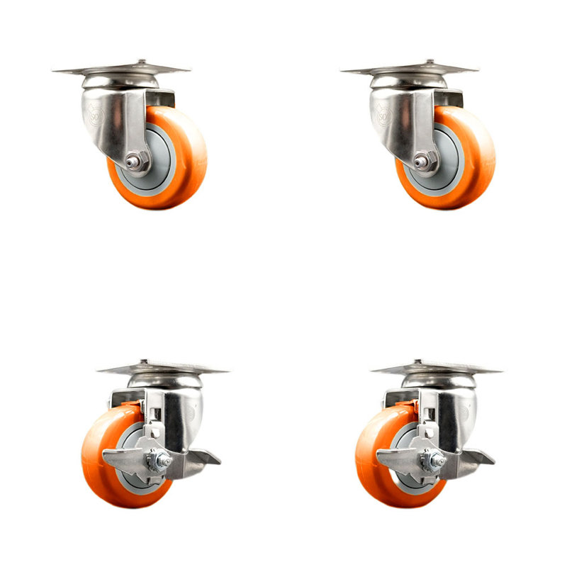 Ensemble de roulettes 3,5 pouces en polyuréthane pivotant 3,5 pouces avec 2 roulettes SCC, Orange