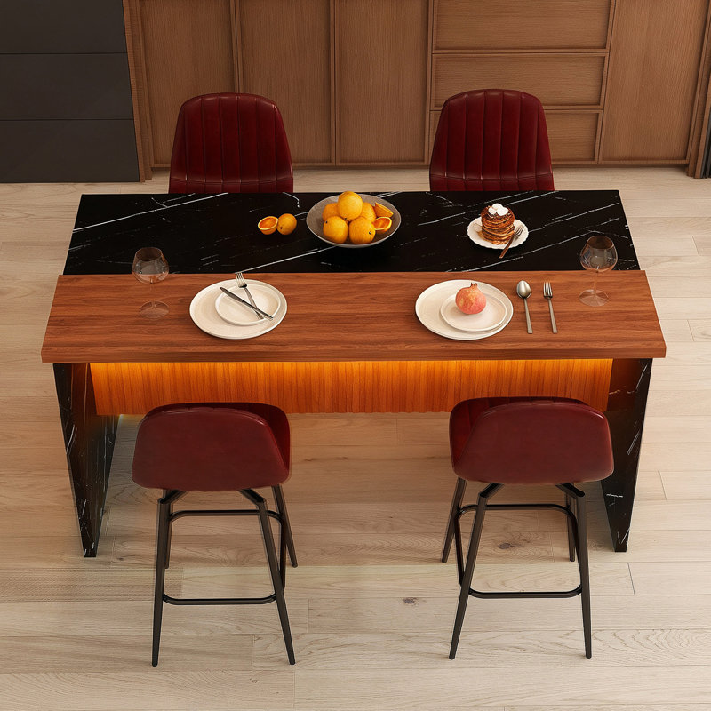 Ensemble de table de salle à manger avec 4 tabourets de bar et éclairage à DEL pour la salle à manger, Noyer / noir