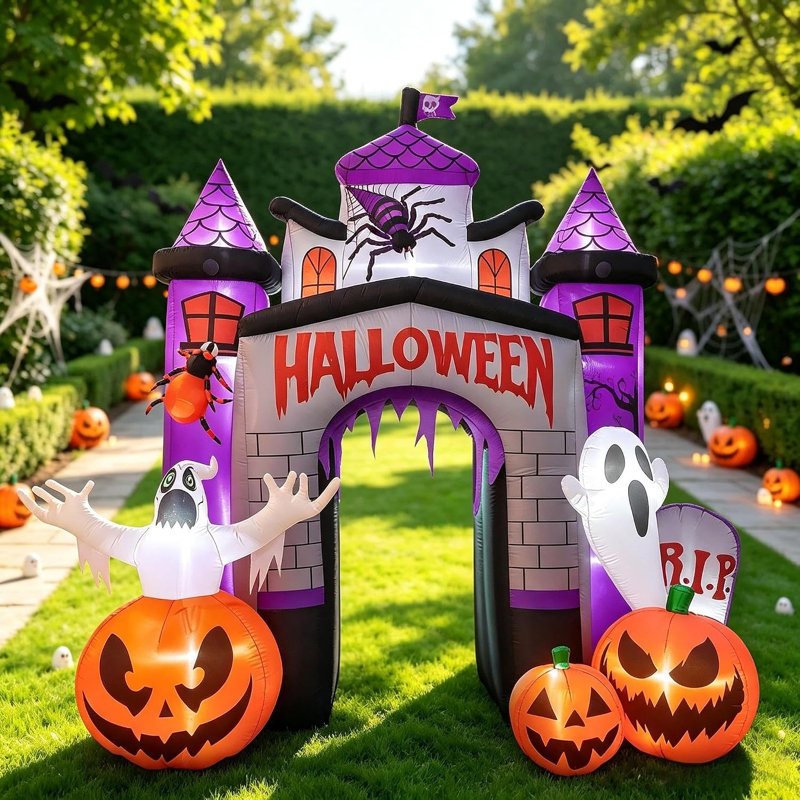 Arche d'Halloween gonflable de 3,65 m avec citrouille fantôme - Décoration de jardin géante et lumineuse. Cette arche d'Halloween géante, ornée d'un fantôme et d'une citrouille, apporte une ambiance effrayante à votre jardin, pelouse, porche et fêtes.
