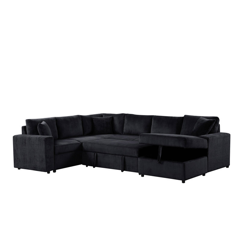 123"W Black Corduroy Sleeper Sectional Sofa With Right-Facing Storage Chaise And Throw Pillows, Black Corduroy