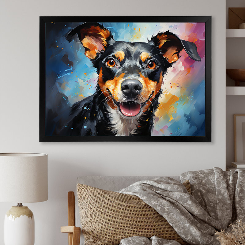 Popart Rat Terrier Rascal sur toile, Cadre d'angle fermé noir, H 30 po x l 40 po x P 1,5 po