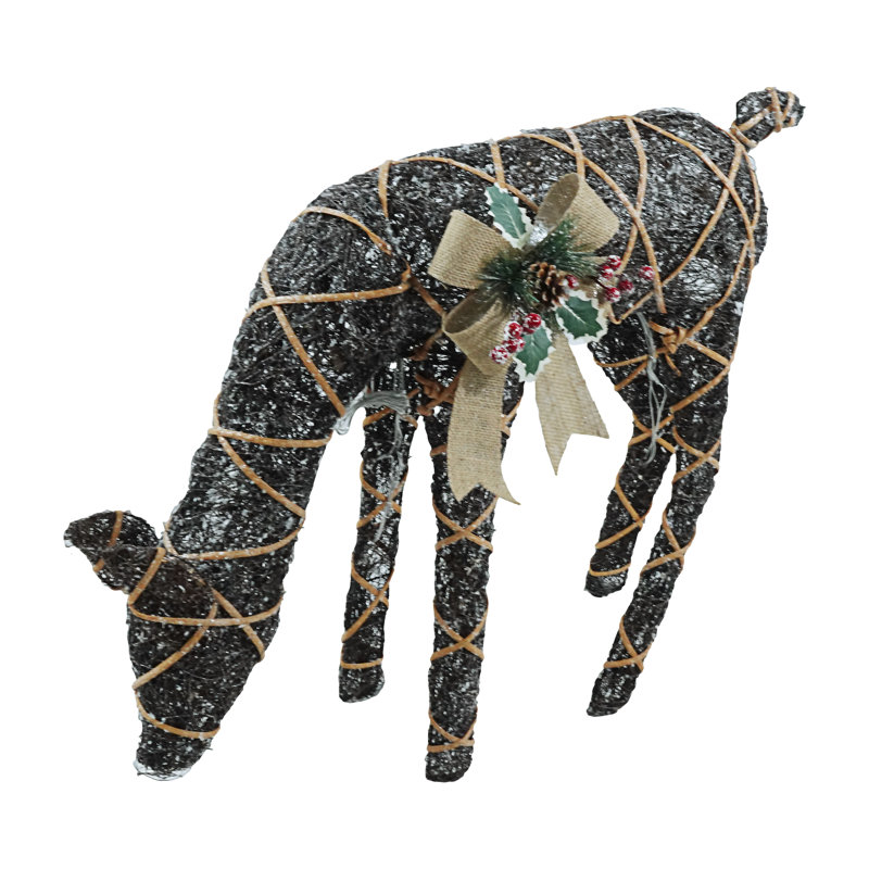 Natural Twig Wrapped Rattan Grazing Deer w/ Warm White LED