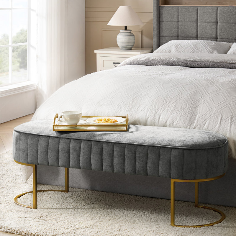 Ferdinand Lawanda 46" Modern Polyester Upholstered Bench with Channel-Tufted Cushion and Metal Base, Gray
