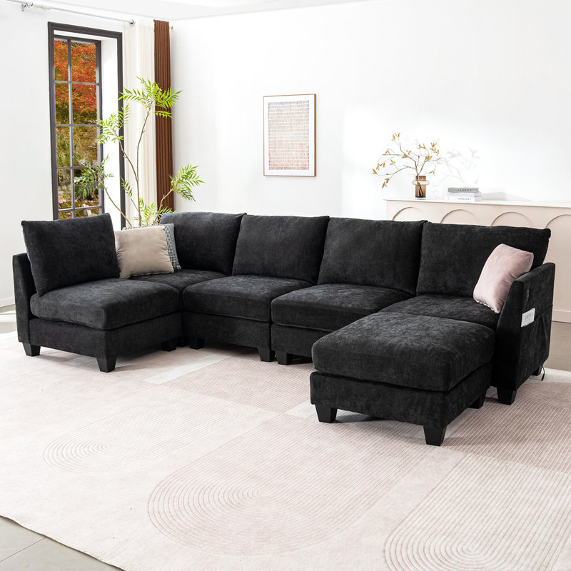 Canapé modulaire de 124 po avec repose-pieds, Noir