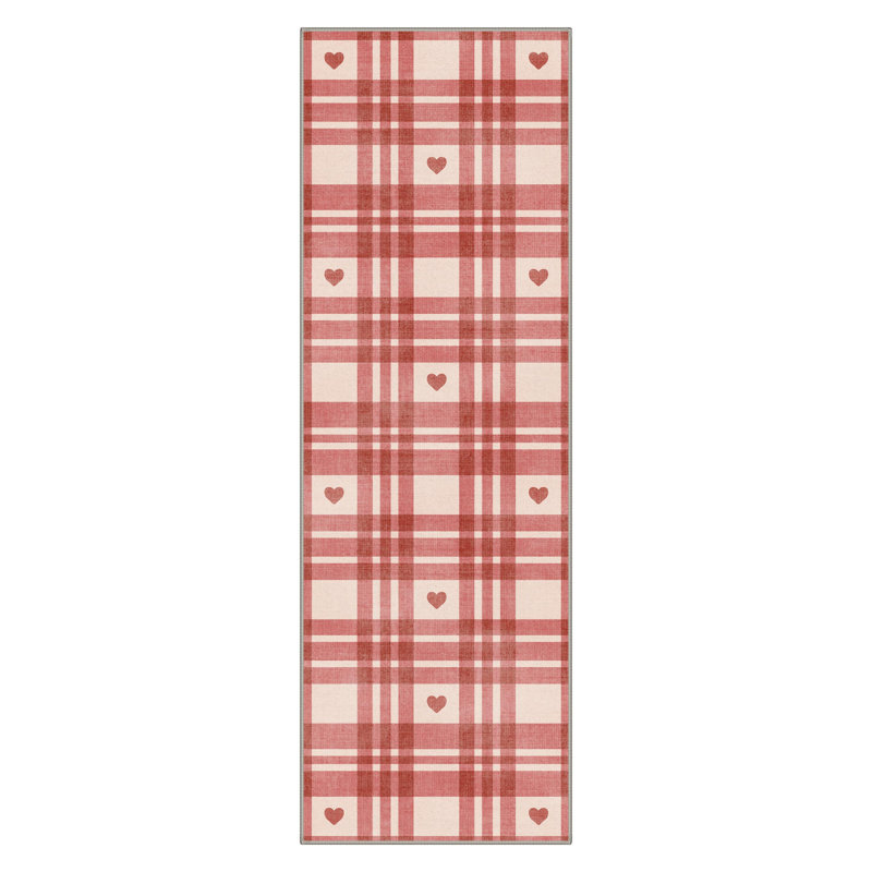 Preppy Plaid & Mini Heart Aesthetic Machine Washable Red Indoor Area Rug  with Non-Slip Backing, Runner 2' x 7'