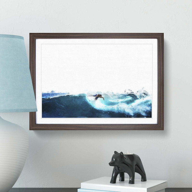 Surfer Riding the Wave in Abstract - Picture Frame Graphic Art Print, 62cm H x 87cm W x 2cm D, Walnut Framed