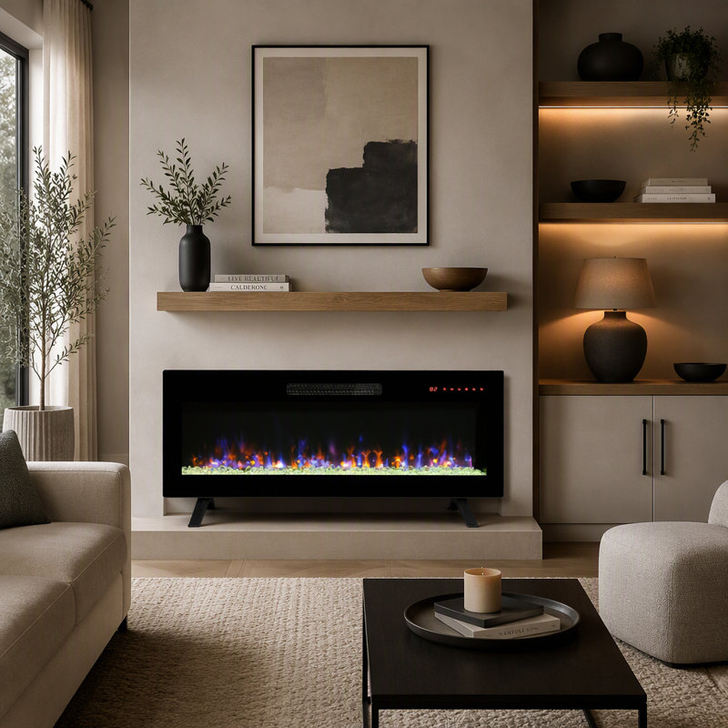 Foyer électrique mural en verre trempé ultra-mince encastré de 42 pouces avec télécommande et flamme multicolore