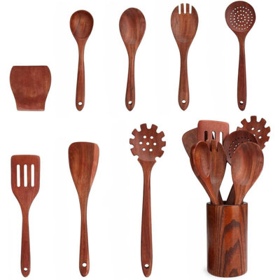 Ensemble d'ustensiles de cuisine en bois 16 pièces, cuillères en bois naturel et ustensiles de cuisine pour batterie de cuisine antiadhésive, léger, durable et écologique