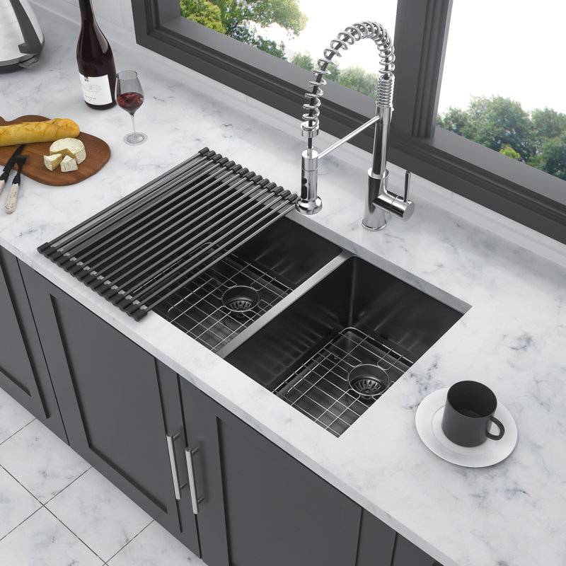 Gunmetal Black Stainless Steel Sink 33"X19" - Double Bowl Undermount, 10" Deep Basin, Reduces And Sound Problems Easy To Clean Surface