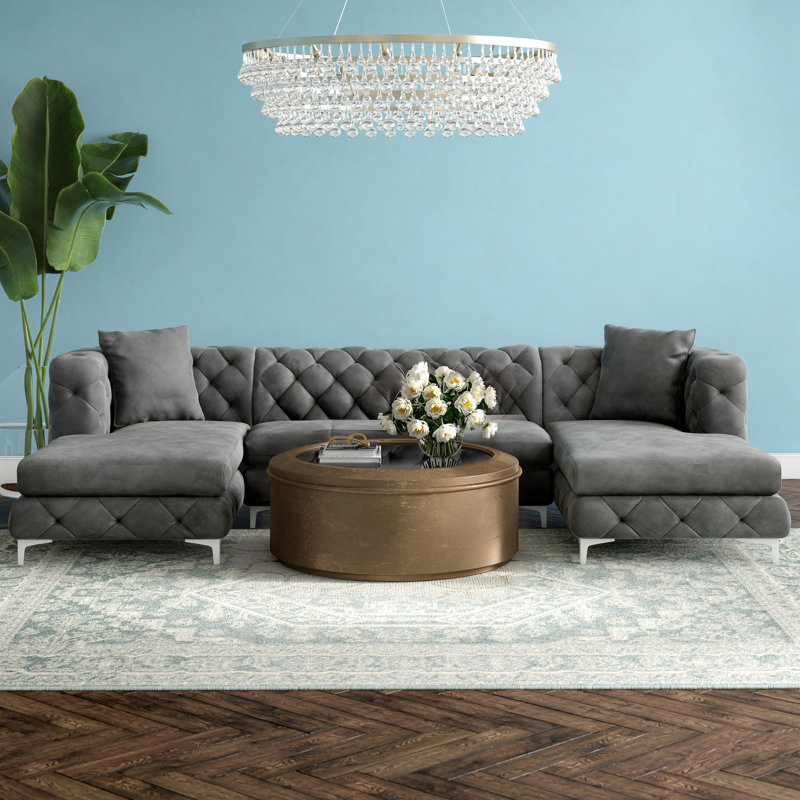 Miranda Velvet U-Shaped Sectional Symmetrical, Grey Velvet