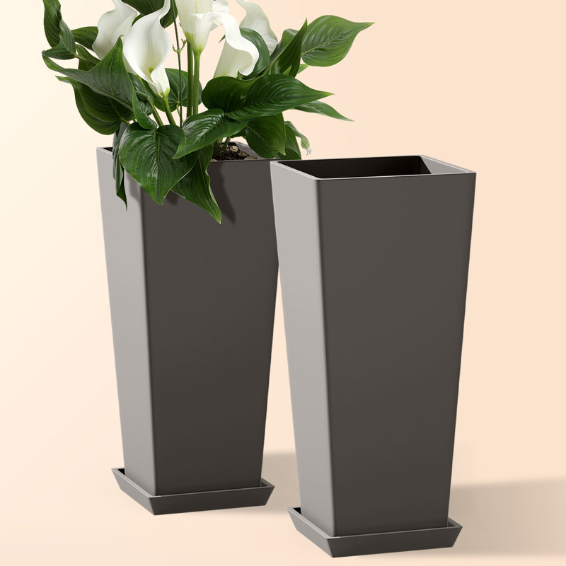 24" H Tall Planter Set of 2 - Indoor and Outdoor Plants for Front Porch and Patio, Gray