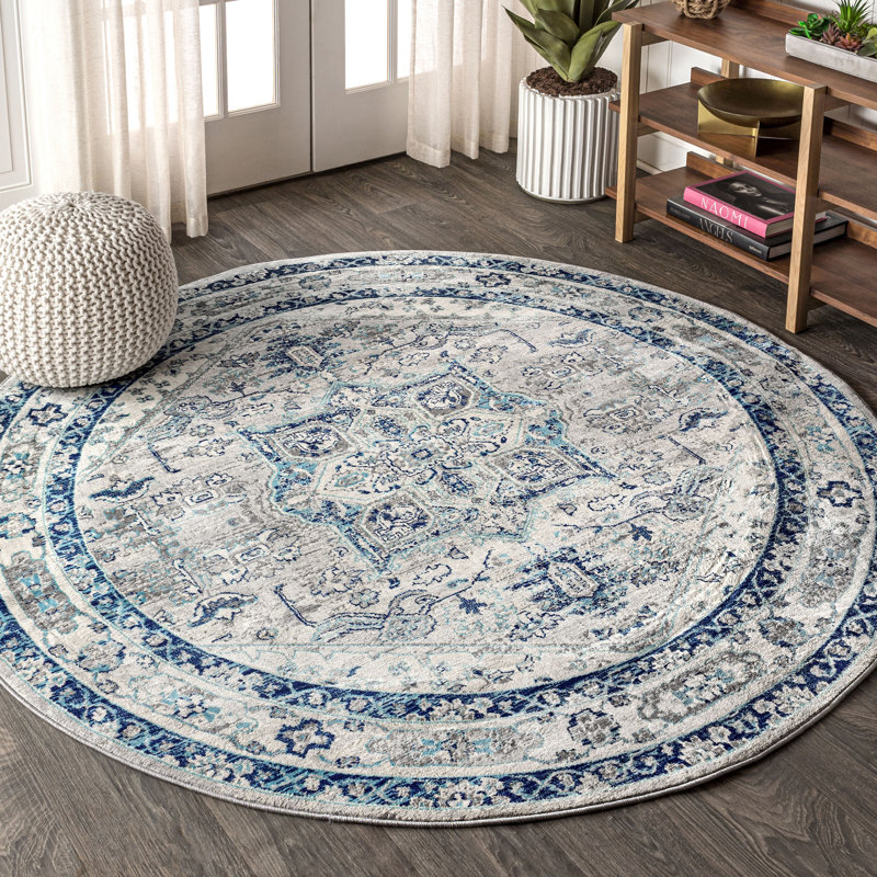 Tapis gris clair / bleu clair à motif médaillon persan Lazaro, Rond 9 pi