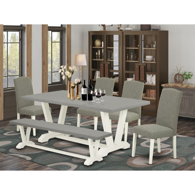 L'ensemble de salle à manger 6 pièces se compose d'une table de cuisine en ciment, d'un petit banc et de 4 chaises rembourrées en lin Shitake foncé avec dossier haut - Lin brossé blanc