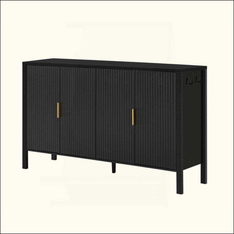 Modern Stripe Door Storage Cabinet, 4-Door Sideboard With Back-Of-Door Storage Racks & Side Hooks, Adjustable Shelves, MDF Cabinet With Aluminum Handles For Living Room, Dining Room