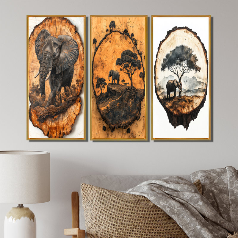 Éléphant sous le baobab glissoire en bois I - Collection de décorations murales éléphant jaune, H 28 po x l 36 po, Doré
